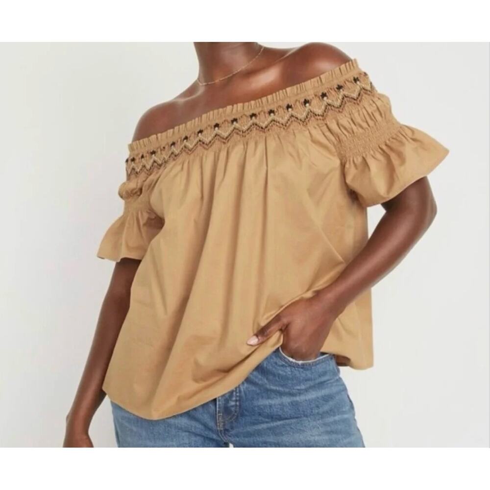 Old Navy Smocked Off The Shoulder Top Tan Embroidered Boho Flutter Sleeve XXL